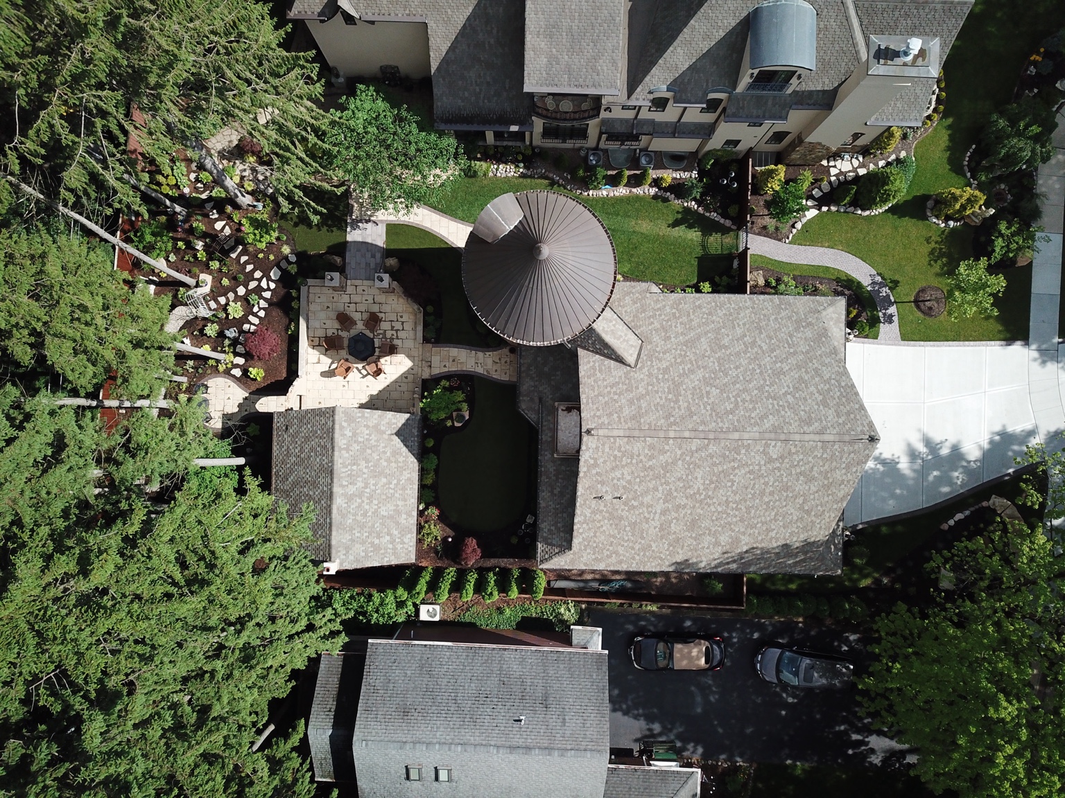 Aerial view showing two integrated residential properties forming a private Naperville estate.
