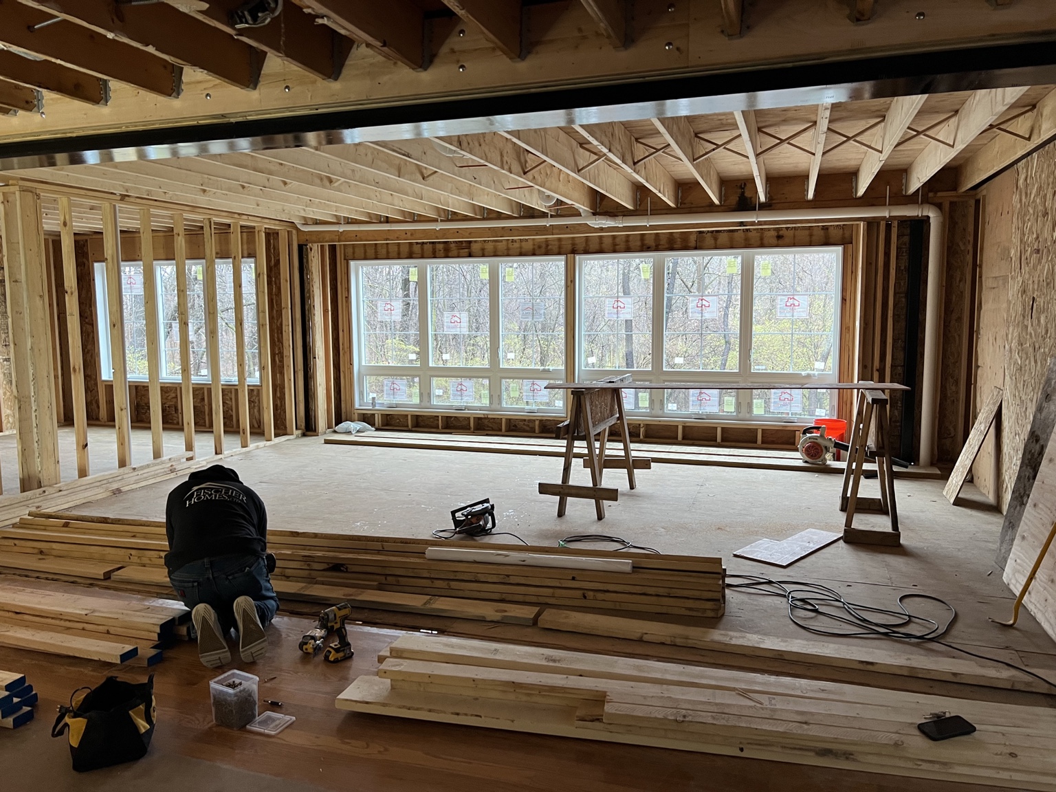 Open-plan renovation framing and construction progress